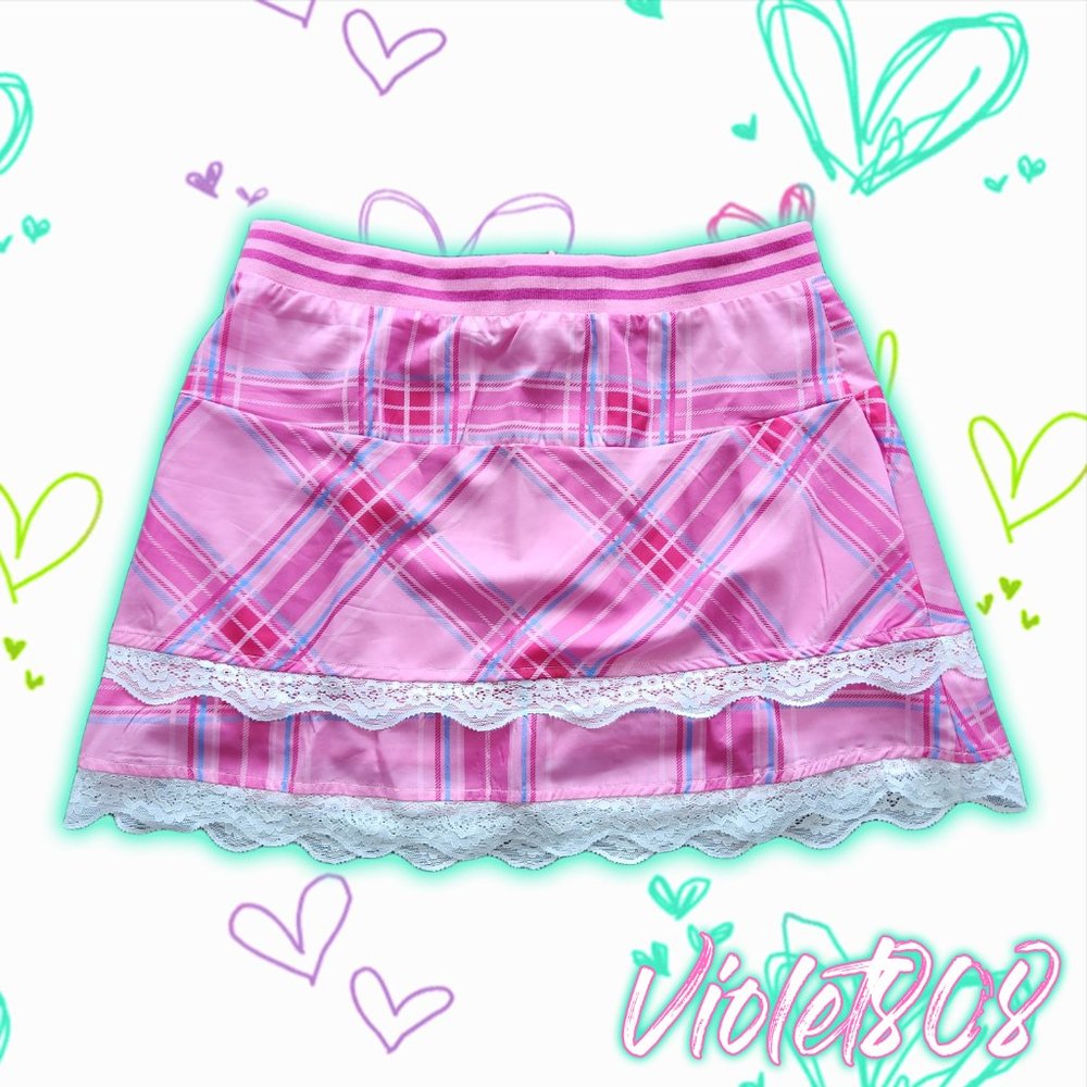 [L] Pink Plaid/Tartan Silky Lace Mini Skirt